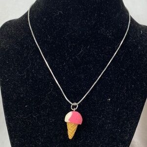 Cute Ice Cream Cone Necklace on Silver Chain